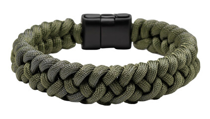 Olive green braided paracord bracelet with black plastic clasp isolated on transparent background