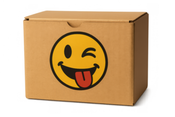 Cardboard box with winking face emoji sticking tongue out, expressing playful delivery and fun packaging