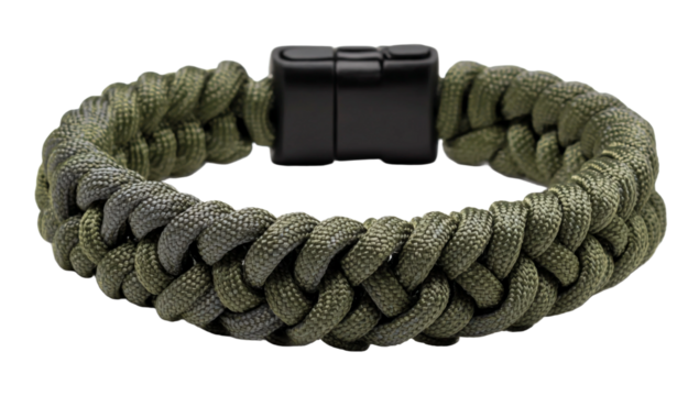 Olive green braided paracord bracelet with black plastic clasp isolated on transparent background