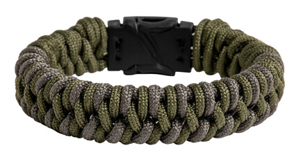 Strong green gray paracord bracelet with a sturdy black buckle isolated on transparent background