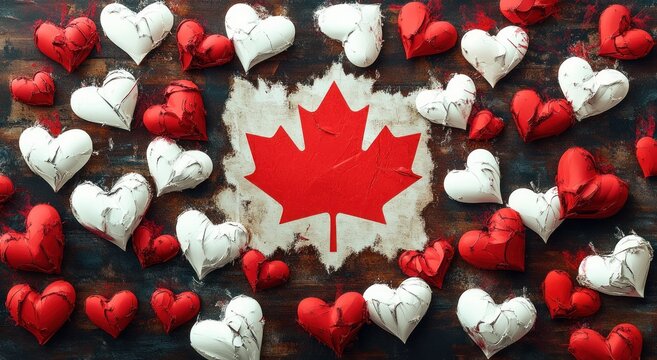 red and white stitched hearts surrounding a distressed painted maple leaf flag on rustic wooden background, evoking warmth, love and patriotic pride
