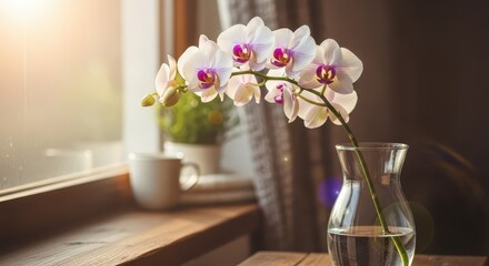 Elegant white and purple orchid bloom rests in a clear glass vase on a sunlit wooden windowsill
