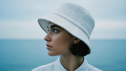 Sequence portrait of a pensive young female model wearing a stylish bucket hat. Minimalist fashion concept with a serene woman posing against a calm blue ocean backdrop