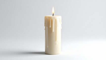 Burning candle with dripping wax on a white background.