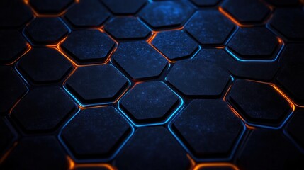 dark hexagonal panels with glowing blue and orange seams forming a futuristic metallic grid, moody high-tech atmosphere