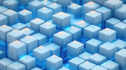 glossy translucent blue cubes in a repeating grid with glowing neon bases and soft warm highlights, creating a calm futuristic orderly atmosphere