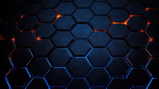 dark metallic hexagonal tile grid with glowing blue and orange seams, sleek futuristic texture and moody high-tech atmosphere
