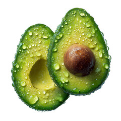 Fresh avocado halves with pit and glistening water droplets ready isolated on transparent background