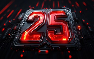 glowing red metallic number 25 embedded in a futuristic black circuit board, neon highlights and scattered led lights conveying intense dramatic high-tech energy