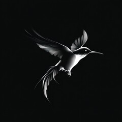 Fototapeta premium Ethereal monochrome hummingbird in midflight with long flowing tail feathers on a black background, serene and graceful