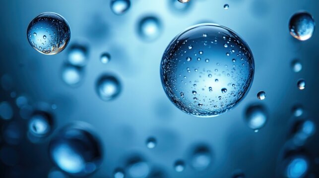 close-up of floating blue liquid bubbles with tiny internal droplets in glossy translucent spheres conveying a serene cool abstract mood - Powered by Adobe