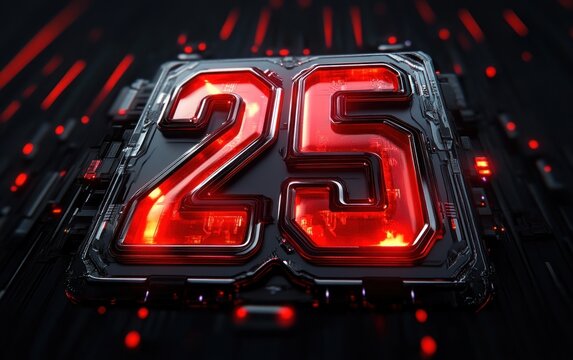 glowing red metallic number 25 embedded in a futuristic black circuit board, neon highlights and scattered led lights conveying intense dramatic high-tech energy - Powered by Adobe