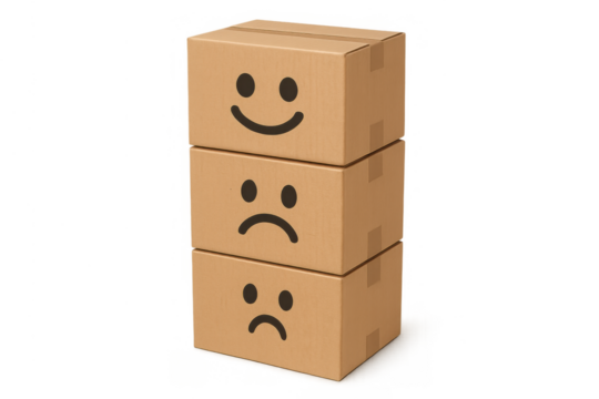Cardboard boxes stacked vertically, displaying happy and sad customer satisfaction ratings. Transparent background