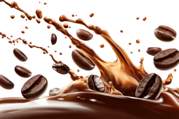 A dynamic splash of rich chocolate liquid with coffee beans flying through the air. capturing the essence of indulgence and energy. ideal for culinary or beverage-related visuals