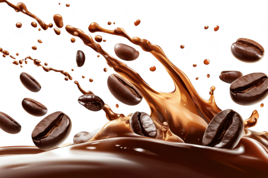 A dynamic splash of rich chocolate liquid with coffee beans flying through the air. capturing the essence of indulgence and energy. ideal for culinary or beverage-related visuals