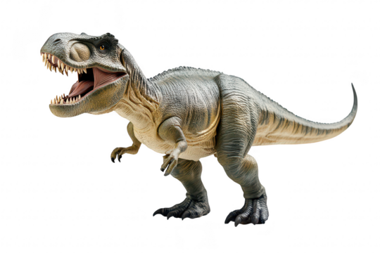 A highly detailed and realistic toy dinosaur model of a Tyrannosaurus Rex. its fierce expression and intricate textures. set against a plain white background. ideal for educational and creative uses