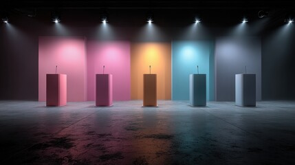 a modern representation of diverse voices presented on vibrantly illuminated podiums offering a stage for dynamic discussions and presentations