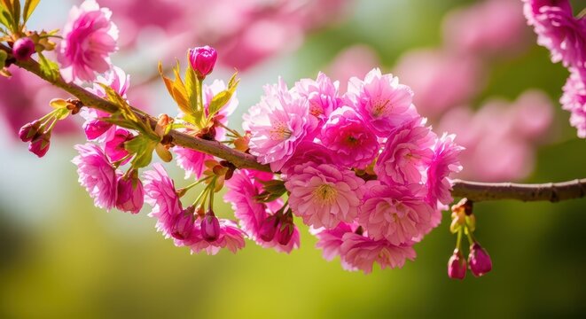 Vibrant clusters of dense pink blossoms bloom along a brown tree branch in spring sunlight