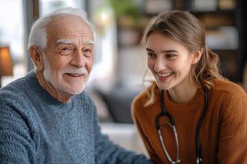 young female healthcare worker with stethoscope speaking compassionately with an elderly man in a cozy living room, warm caring atmosphere