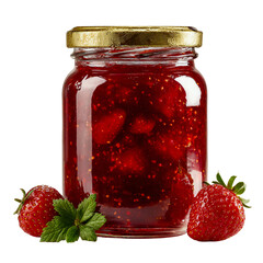 Delicious homemade strawberry jam in glass jar with fresh fruit isolated on transparent background