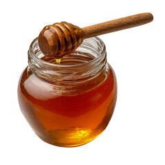Golden honey with wooden dipper in glass jar, sweet food product isolated on transparent background