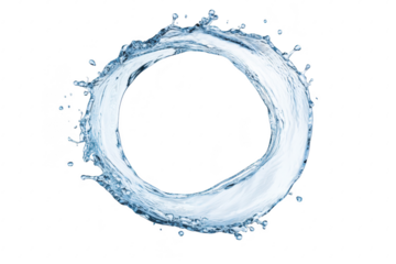 A dynamic splash of water forming a perfect circular shape against a clean white background. illustrating fluid motion. ideal for concepts of purity and refreshment