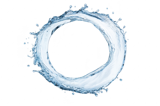 A dynamic splash of water forming a perfect circular shape against a clean white background. illustrating fluid motion. ideal for concepts of purity and refreshment