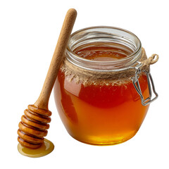 Delicious golden honey in rustic glass jar with wooden dipper isolated on transparent background