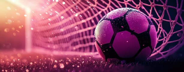 Close-up of a wet soccer ball caught in a goal net on grass at sunset with glowing pink and purple bokeh lighting, evoking triumph and celebration