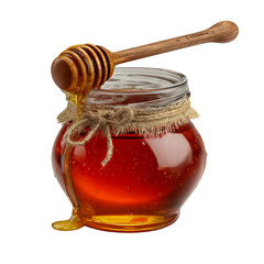 Golden honey dripping from wooden dipper into rustic glass jar isolated on transparent background
