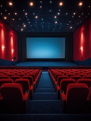 Fototapeta premium Empty cinema auditorium with rows of red velvet seats, central aisle and steps leading to a large blank blue-lit screen, starry ceiling lights and warm wall sconces, calm anticipatory mood