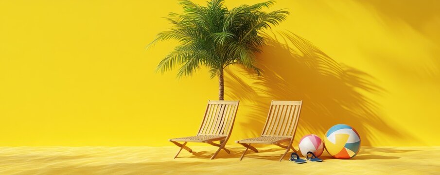 Two wooden lounge chairs under a palm tree on sunlit yellow sand with colorful beach balls and blue flip-flops, bright cheerful summer relaxation scene
