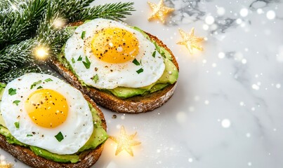 Avocado toast topped with fried eggs, garnished with parsley and pepper, served on a marble background with fir branches and golden stars, celebrating a healthy christmas breakfast or brunch