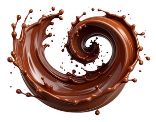 A swirling, luscious chocolate liquid, forming a dynamic semi-circle with splashes, isolated on a crisp white background