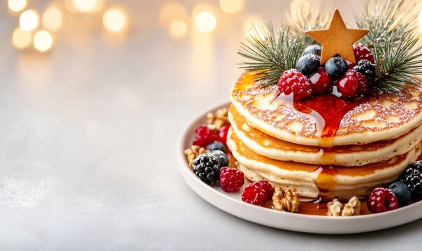 Plate of festive christmas pancakes topped with fresh berries, maple syrup, pine sprig, and a golden star decoration