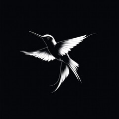 Fototapeta premium Elegant white hummingbird in mid-flight with outstretched wings and flowing tail on a black background, graceful and serene
