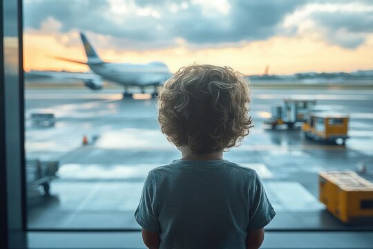 young curly-haired child standing at an airport window watching a large airplane on a wet runway with ground service vehicles at sunset, feeling wonder and anticipation