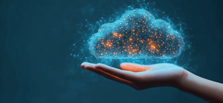 hand holding a glowing holographic cloud made of blue network lines and orange sparks over a dark background, evoking futuristic awe and innovation
