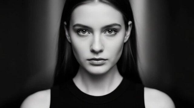 Monochrome portrait sequence of a beautiful young caucasian woman. A triptych showing an intense gaze moving closer to the camera. Dramatic beauty or fashion advertising concept