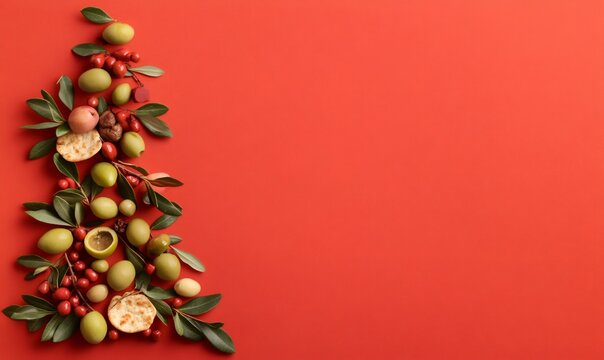 Holiday season layout forming a festive christmas tree using green olives, vibrant red berries, and olive leaves on a red background - Powered by Adobe