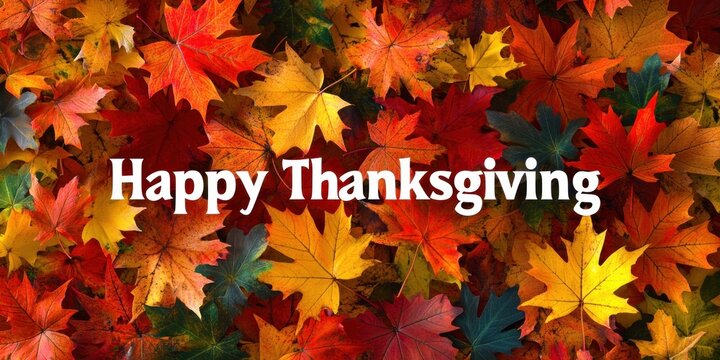Bold white text reading happy thanksgiving over a carpet of colorful autumn maple leaves, warm festive and thankful fall atmosphere