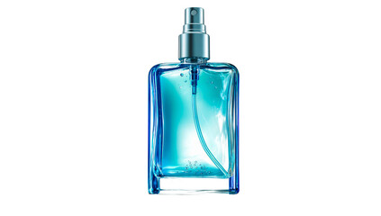 Elegant blue perfume spray bottle with liquid and subtle bubbles isolated on transparent background