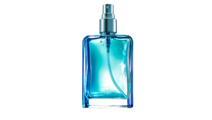 Elegant blue perfume spray bottle with liquid and subtle bubbles isolated on transparent background