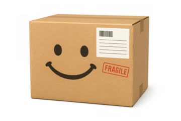 Cardboard delivery box with happy face and fragile stamp, ready for shipping on transparent background