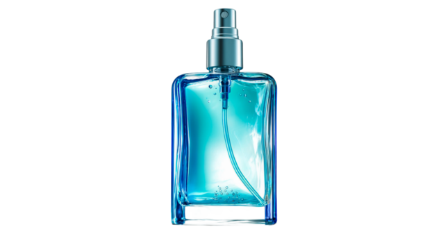 Elegant blue perfume spray bottle with liquid and subtle bubbles isolated on transparent background