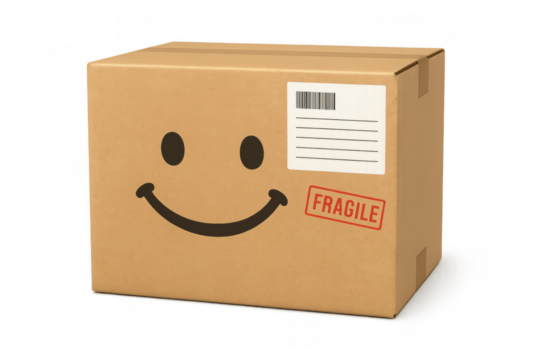 Cardboard delivery box with happy face and fragile stamp, ready for shipping on transparent background