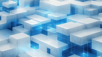 stacked white solid blocks and translucent blue glass cubes in a geometric grid with glowing interiors and soft reflections conveying cool futuristic calm