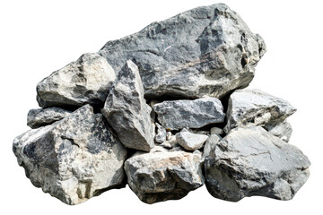 A collection of large. rugged gray rocks piled together. their natural texture and colors. set against a plain white background. ideal for use in landscaping or construction imagery