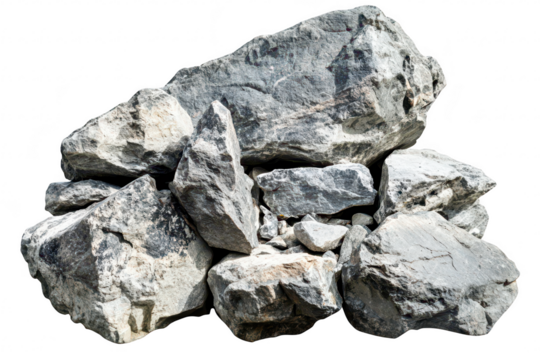 A collection of large. rugged gray rocks piled together. their natural texture and colors. set against a plain white background. ideal for use in landscaping or construction imagery - Powered by Adobe