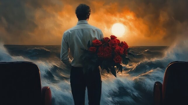 man in a white shirt holding a bouquet of red roses behind his back between two empty chairs, standing at a stormy seaside as the sun sets, evoking solitude and longing